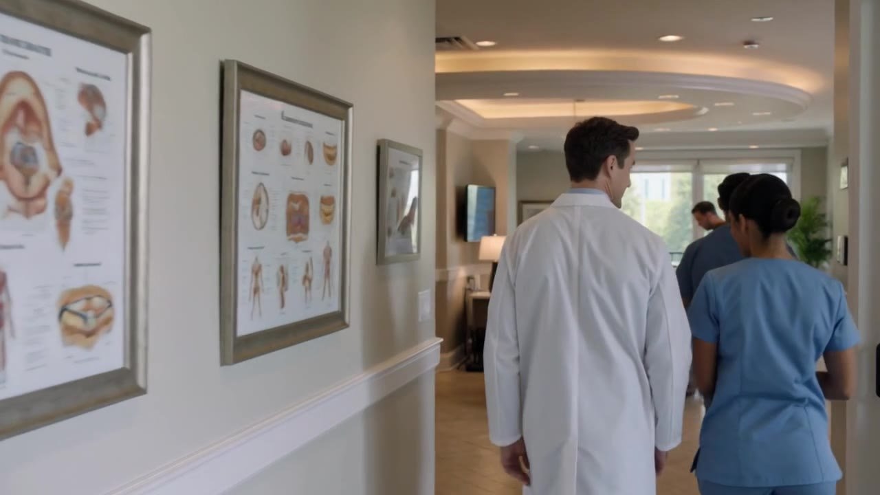 Klinik koridorunda birlikte ilerleyen sağlık ekibi
